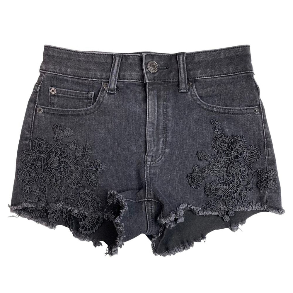 (NWOT) American Eagle Hi-Rise Shortie Lace Denim Shorts | Black Distressed – 2